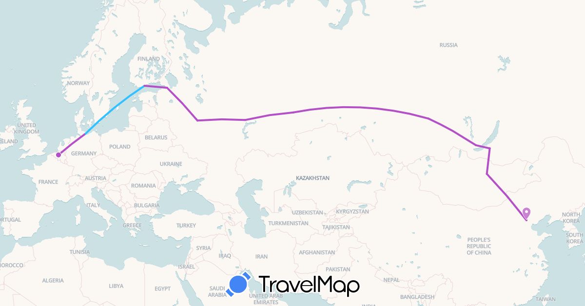 TravelMap itinerary: driving, train, boat in Belgium, China, Germany, Finland, Mongolia, Russia (Asia, Europe)